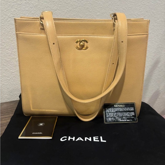 CHANEL Handbags - Chanel CC Caviar Beige Leather Tote Bag